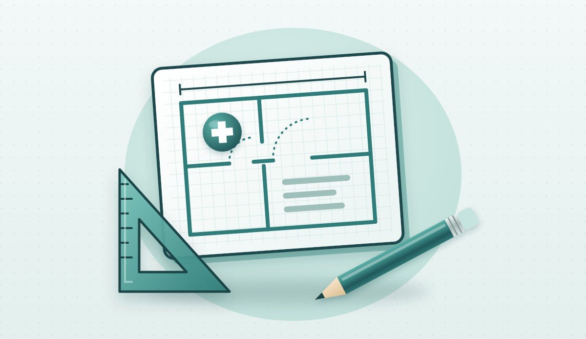 Illustration: Bauplan mit Zeichendreieck und Bleistift