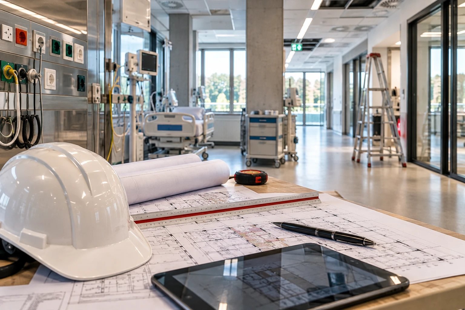 Baupläne, Schutzhelm und Tablet in einem Krankenhausbereich mit Medizintechnik