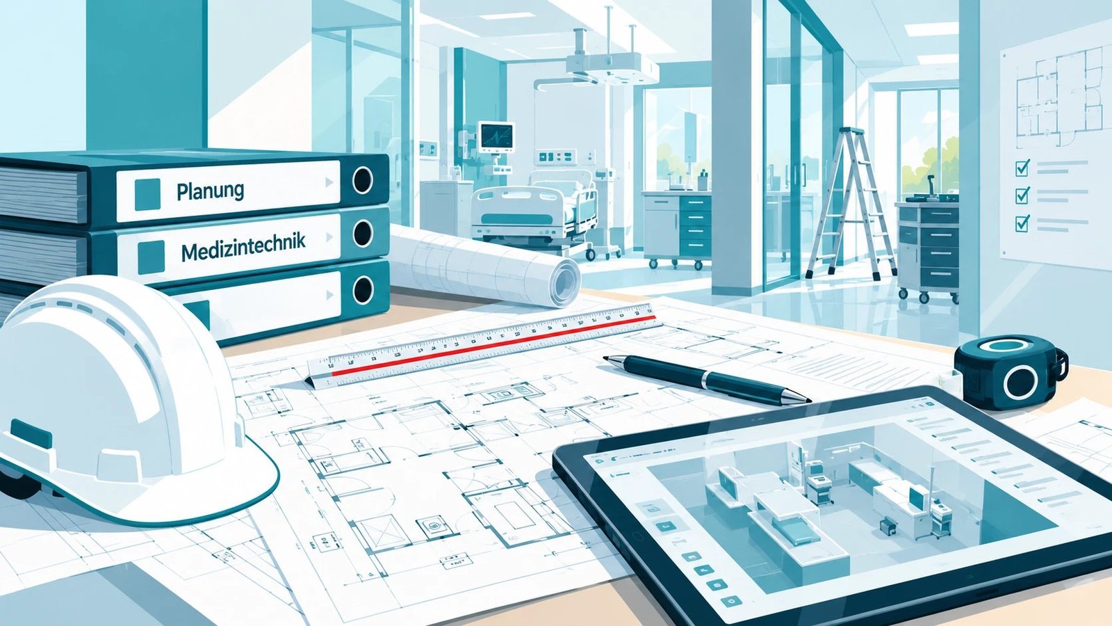 Illustration: Baupläne, Schutzhelm und Tablet in einem Krankenhausbereich