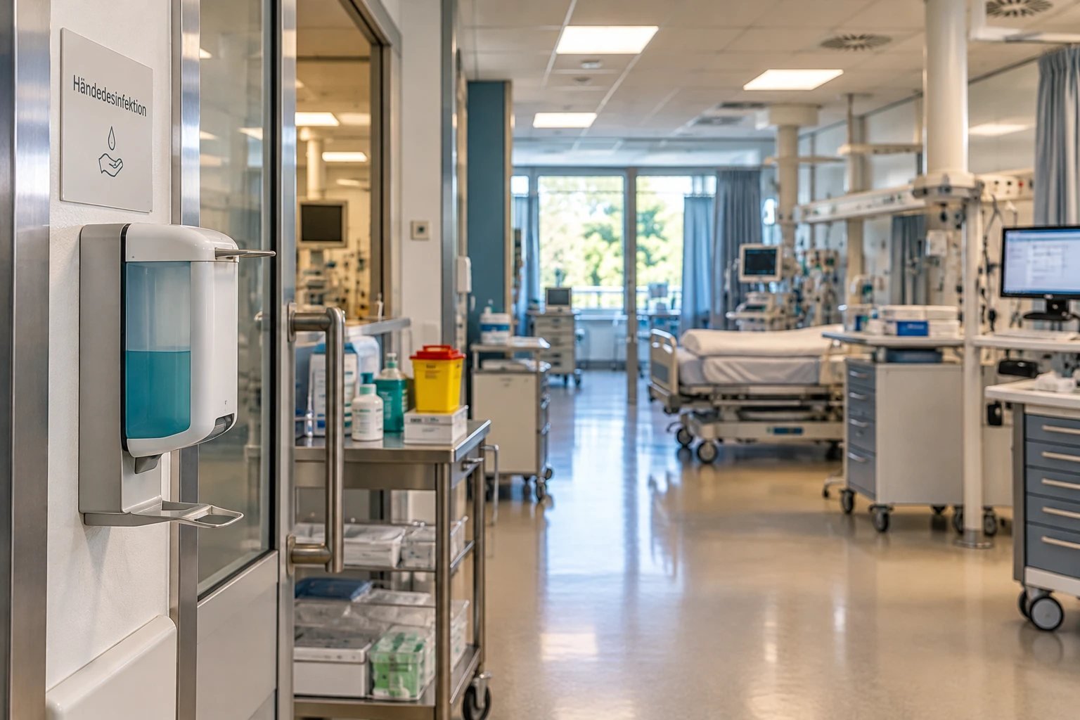 Spender für Händedesinfektion an der Tür einer Krankenstation
