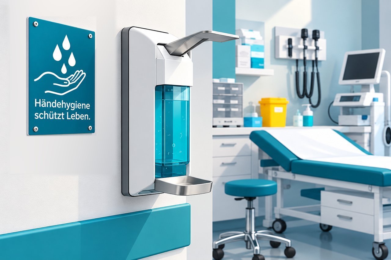 Illustration: Spender für Händedesinfektion mit Hinweisschild „Händehygiene schützt Leben.“ neben einem Behandlungsraum