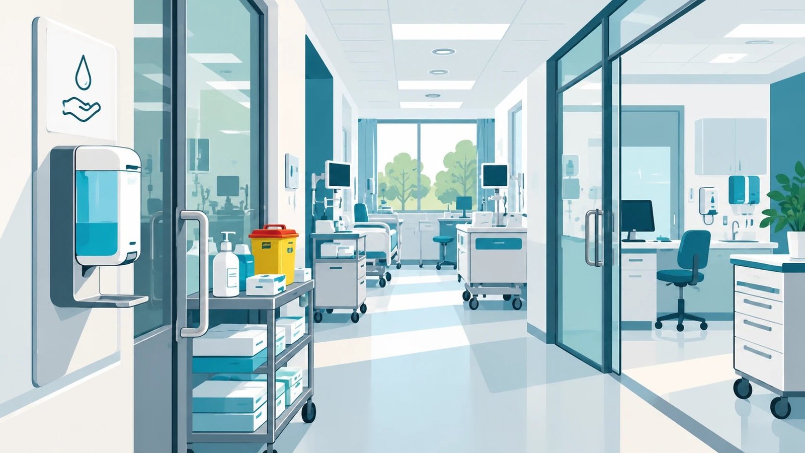 Illustration: Spender für Händedesinfektion an einer Krankenstation