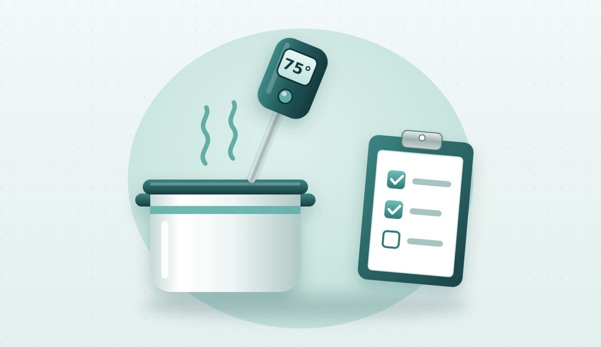 Illustration: Kochtopf mit Thermometer und Checkliste