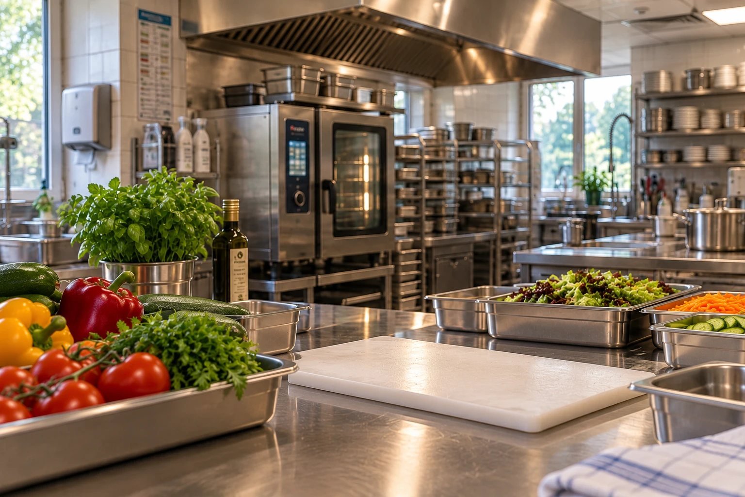 Gastronomieküche aus Edelstahl mit frischem Gemüse