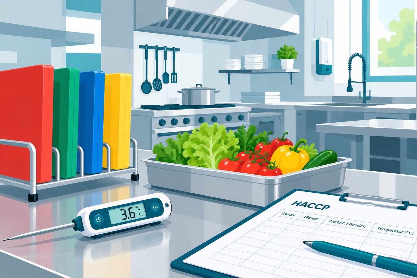 Illustration: Gastronomieküche mit farbigen Schneidbrettern, Einstichthermometer und HACCP-Protokoll