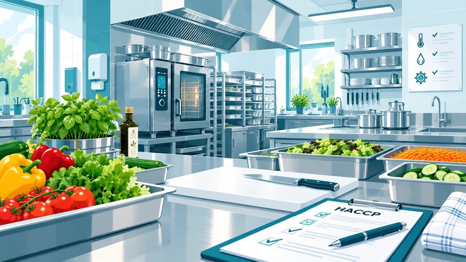 Illustration: Gastronomieküche mit frischem Gemüse und HACCP-Checkliste